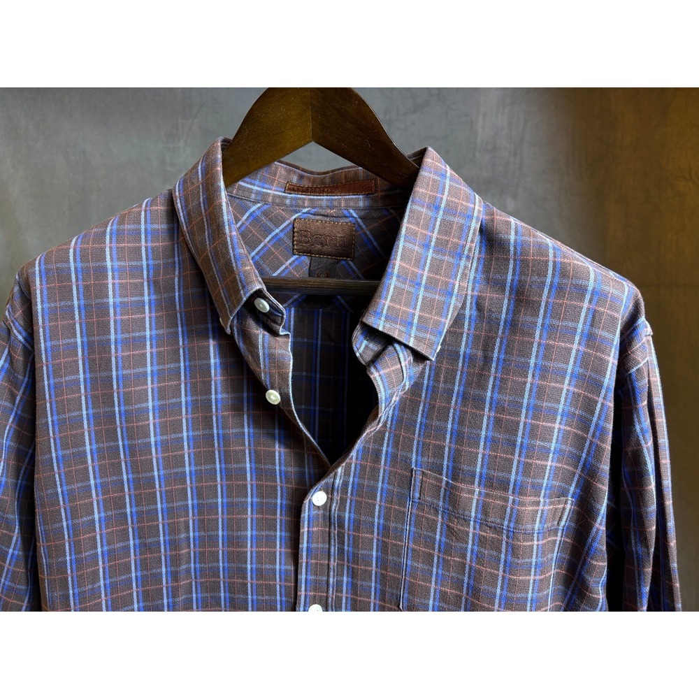 BORN Handcrafted 100% Cotton Mens Plaid Button Down Shirt Blue Brown Preppy XL